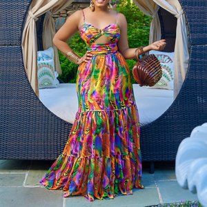 Women Plus Size Summer Sleeveless Spaghetti Straps Cutout Beach Long Maxi Dress